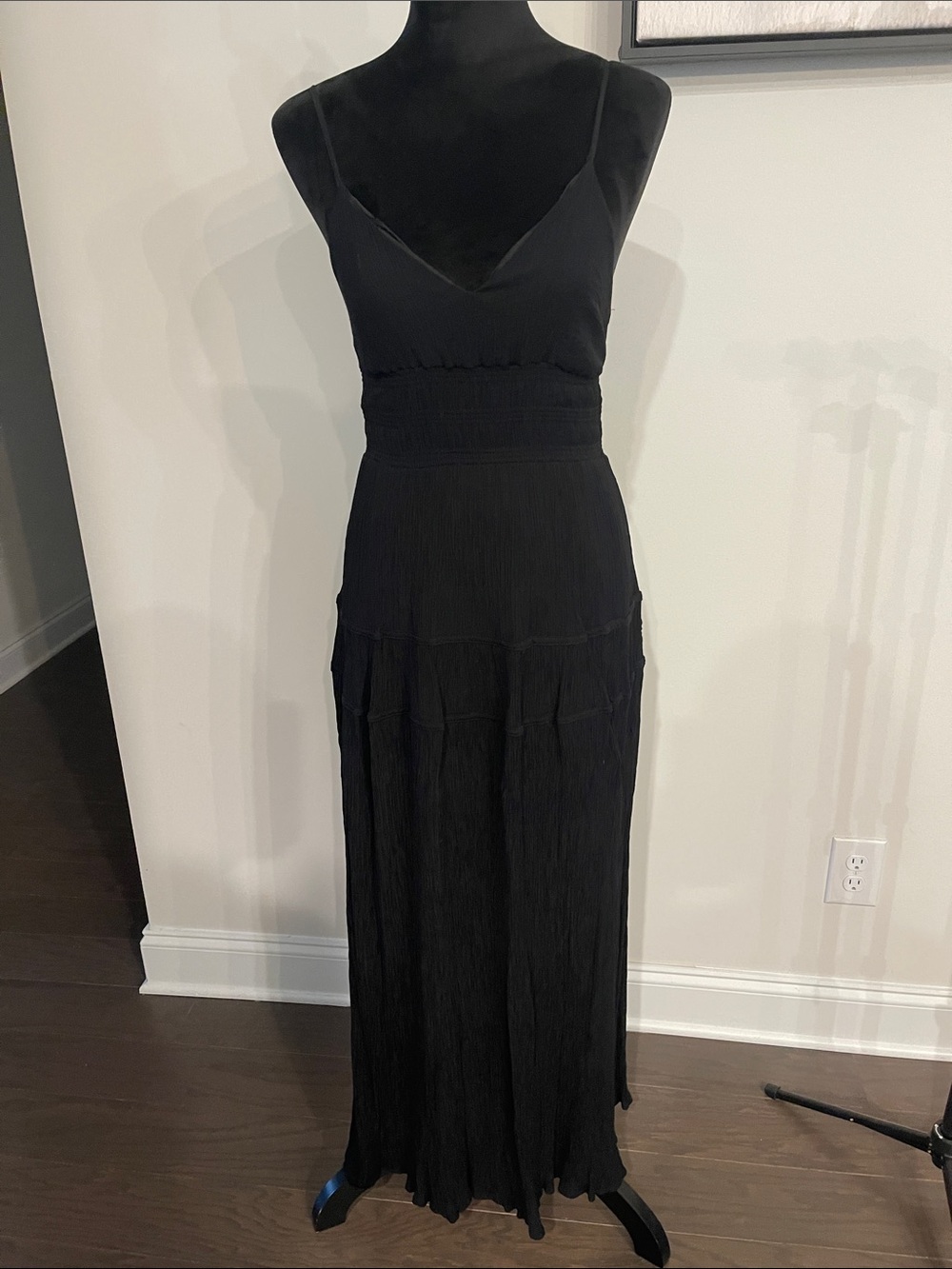 Black Smocked-Waist Maxi Dress with V-Neck